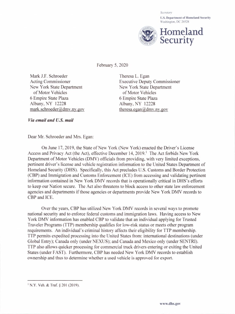 DHS Letter To NYS