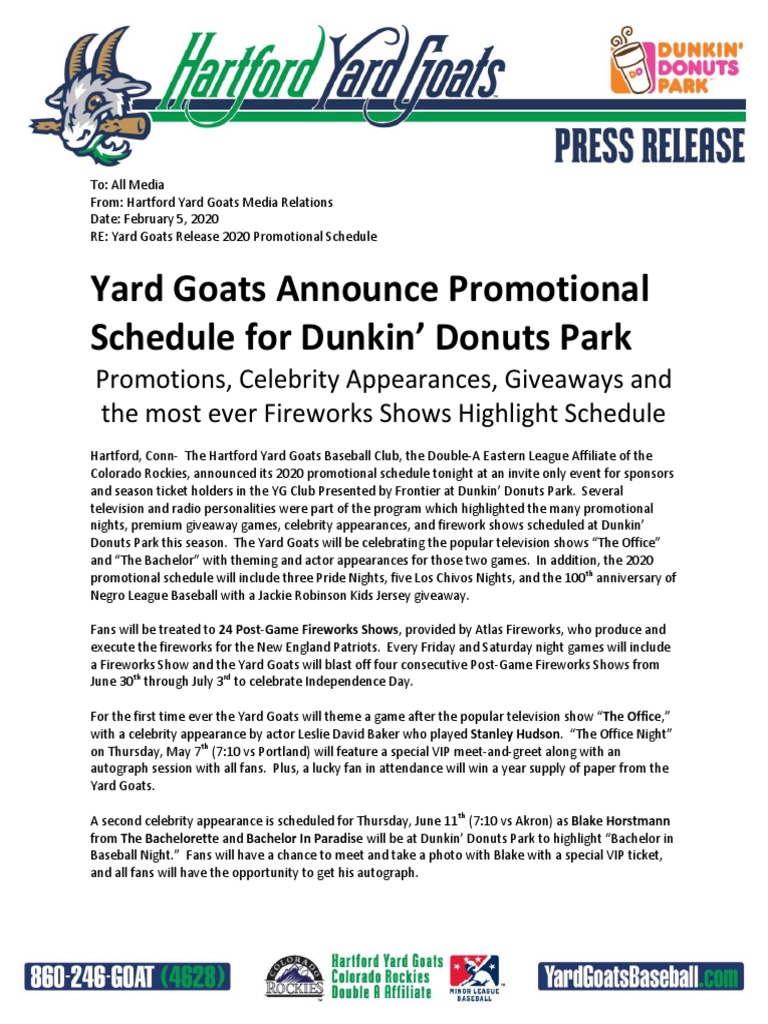 Yard Goats Announce 2020 Promotional Schedule PDF Major League