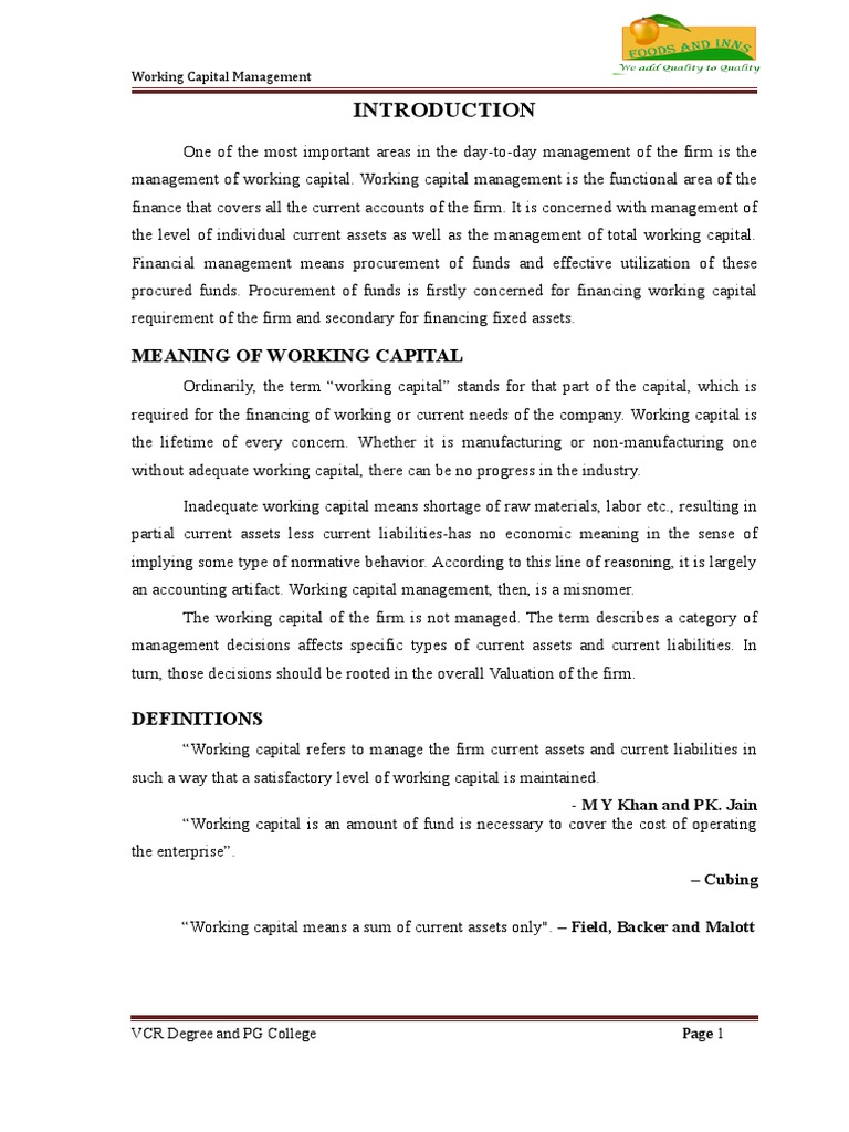 Working Capital in Foods & Inns Ltd. | PDF | Working Capital | Water