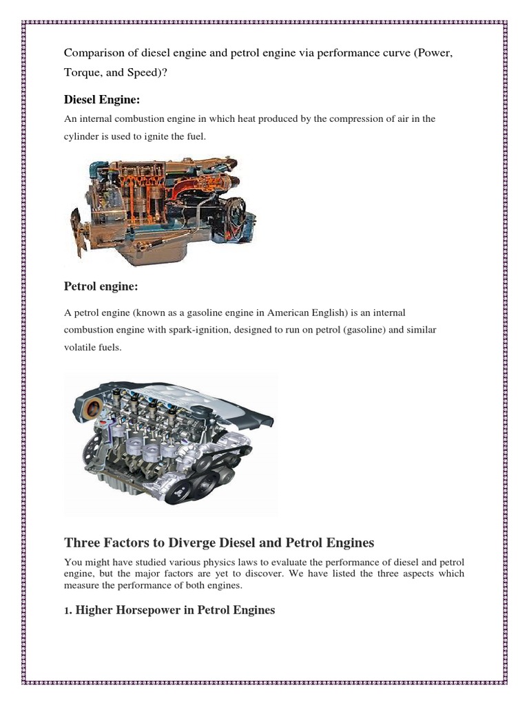 Comparison of Diesel Engine and Petrol Engine Via Performance Curve PDF Internal Combustion