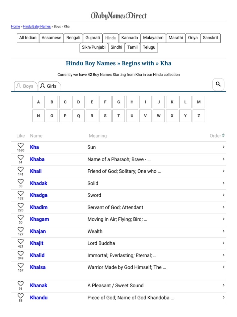 Hindu Baby Names Boy Names Begins With Kha BabyNamesDirect PDF