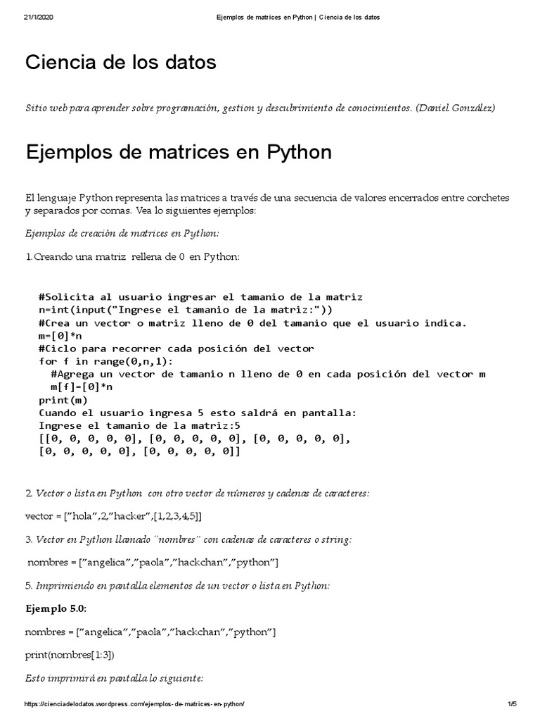Ejemplos de Matrices en Python | PDF | Estructura de datos de matriz ...