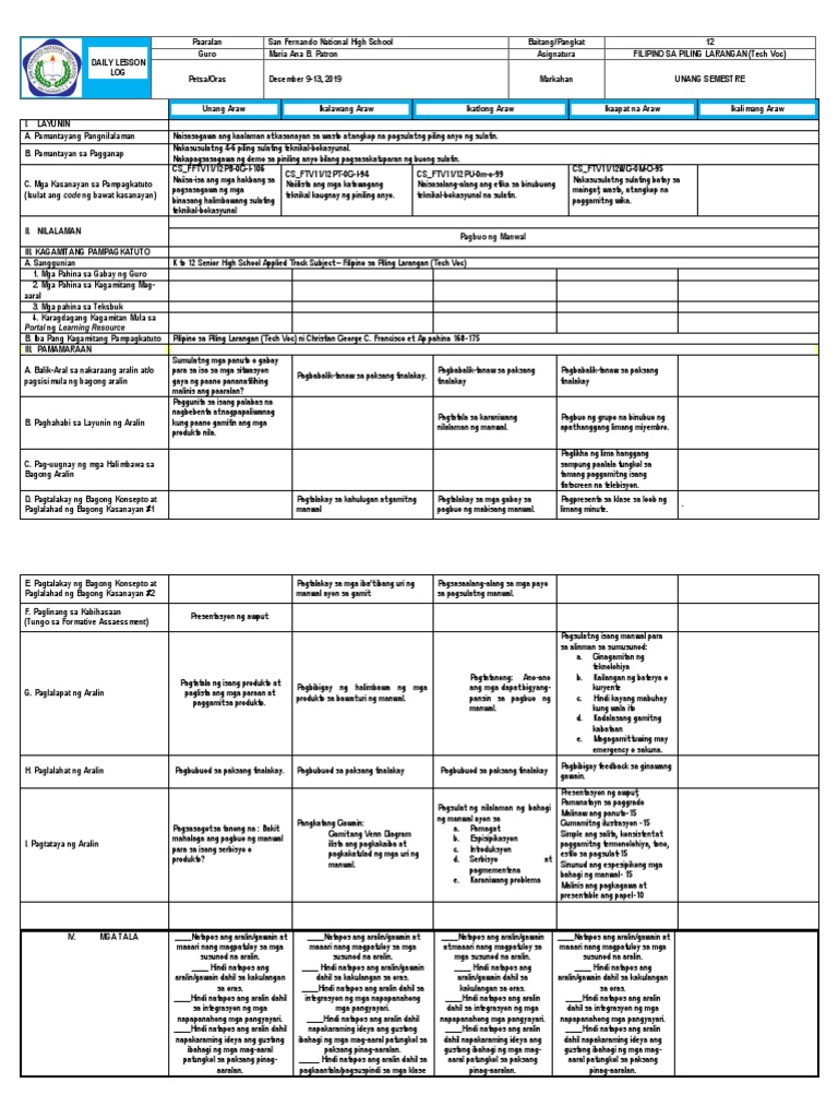 DLL For Piling Larang Week 2 - PAGBUO NG MANWAL | PDF