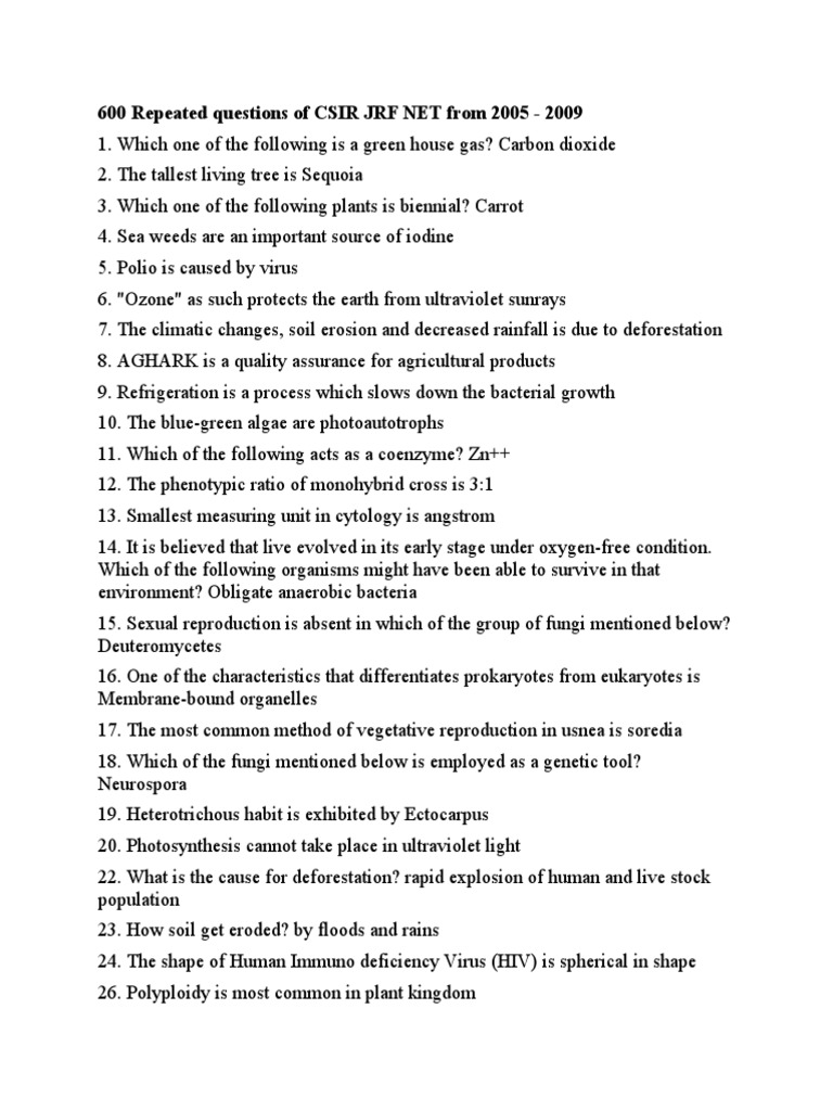 CSIR JRF NET Questions 2005-2009 | PDF | Plants | Bacteria