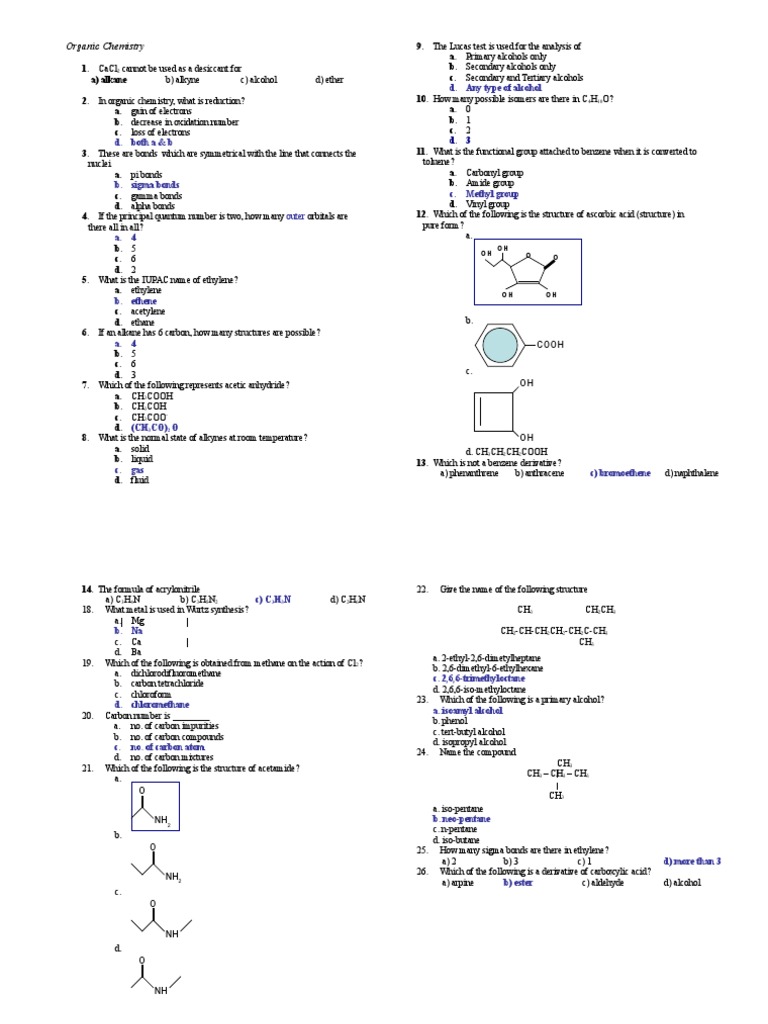 Organic Chemistry Quiz Questions | PDF | Functional Group | Alcohol