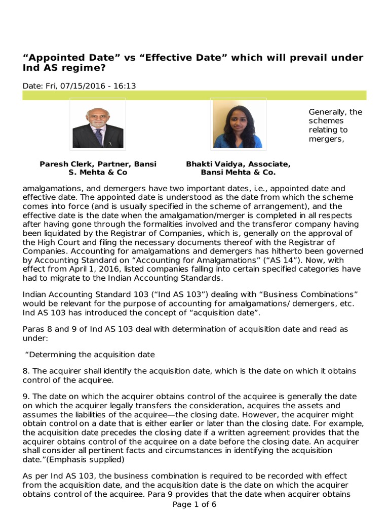 Appointed vs Effective Date in Mergers | PDF | Mergers And Acquisitions ...