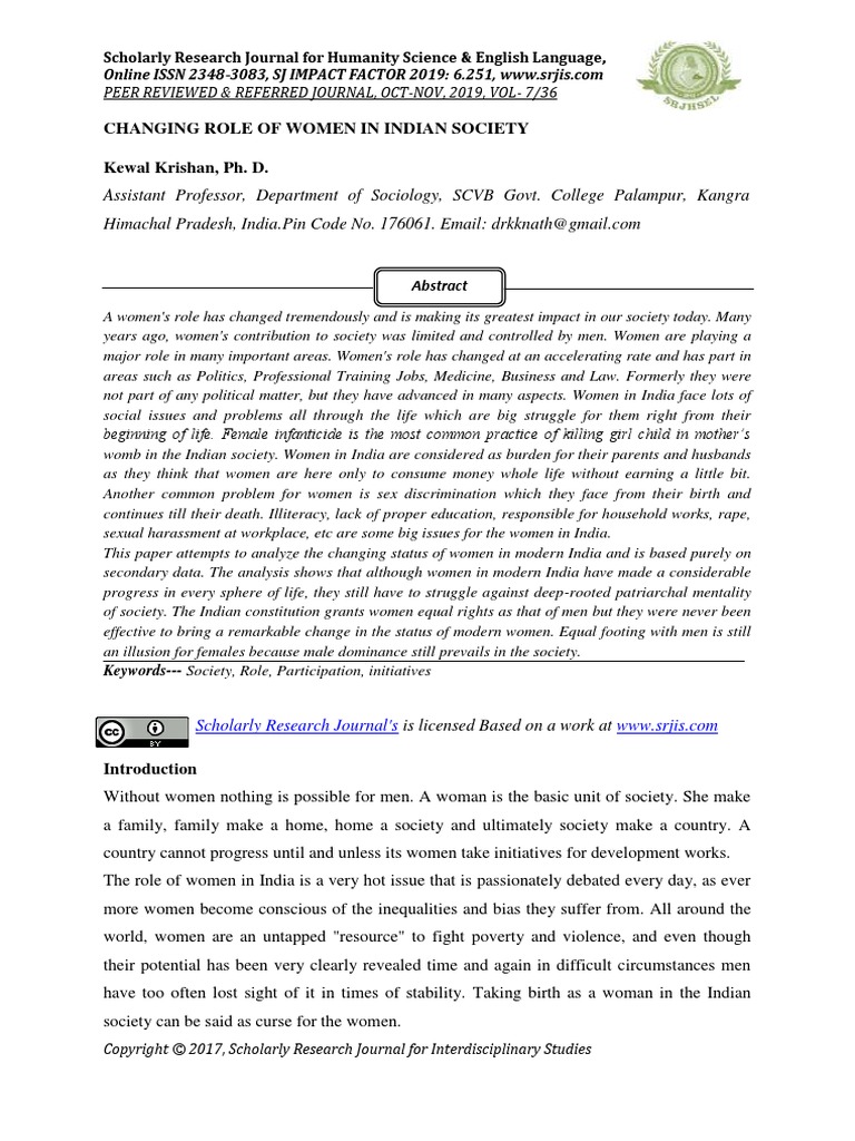 Changing Role of Women in Indian Society | PDF | Family | Sustainability