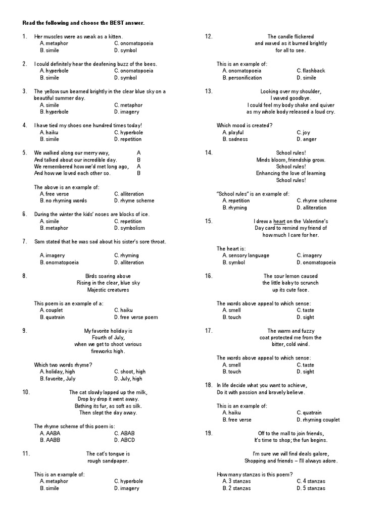 Poetry Quiz Poetry Literary Techniques