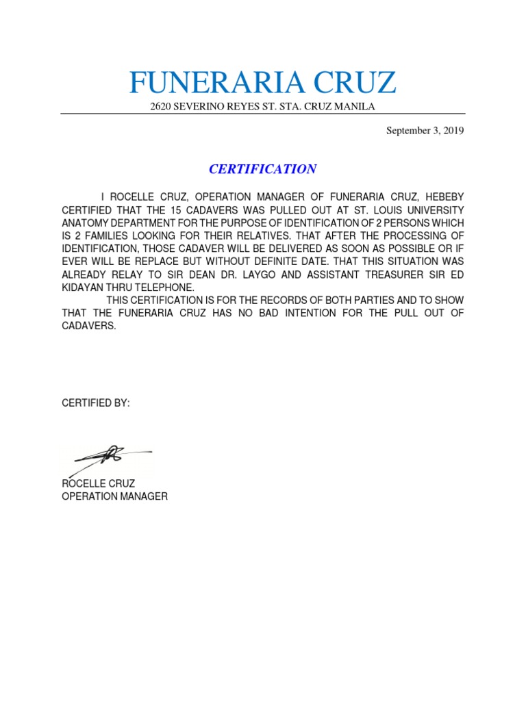 Certification of Cadaver Pull-Out | PDF