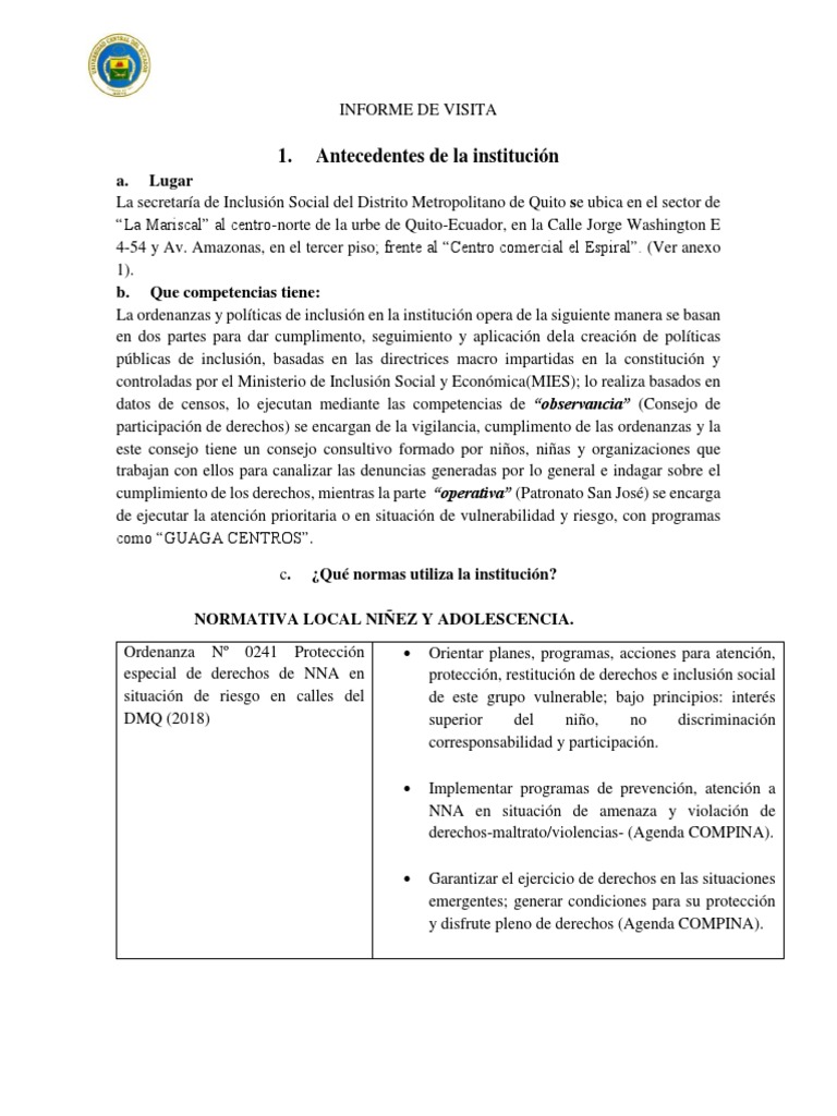 Ejemplo de INFORME DE VISITA Institucional PDF Ecuador Exclusión