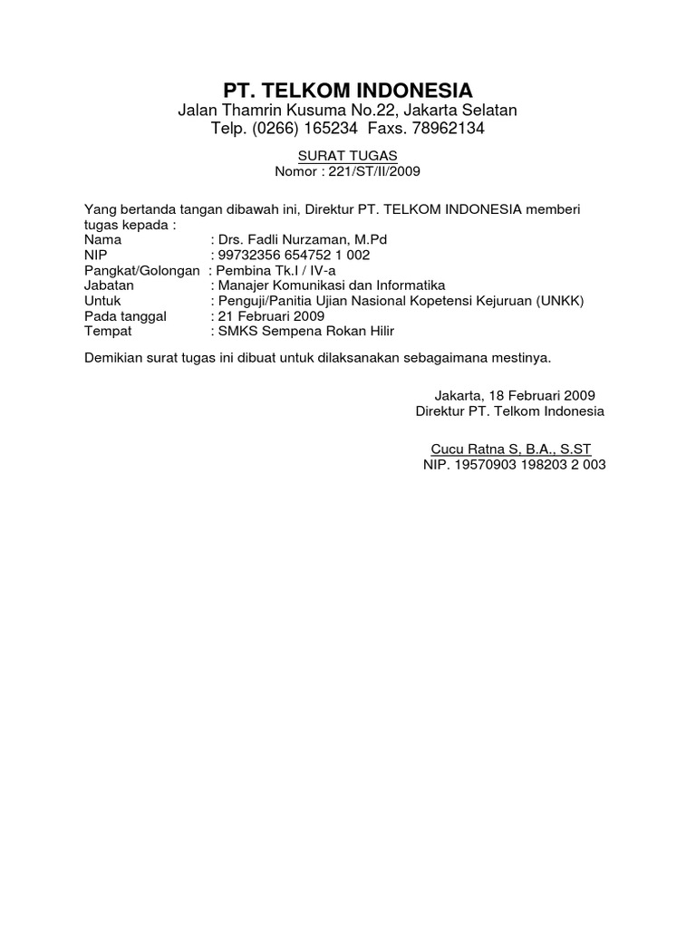Contoh Surat Tugas Pt Telkom Pdf