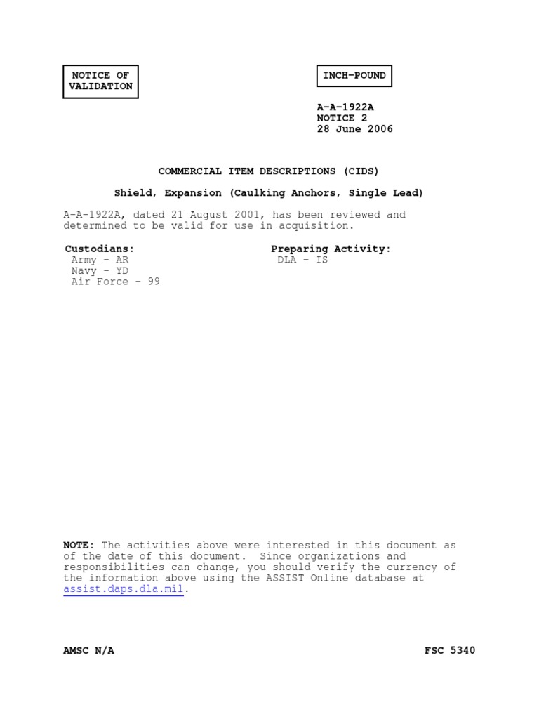 CID AA1922A Shield, Expansion (Caulking Anchors, Single Lead), With