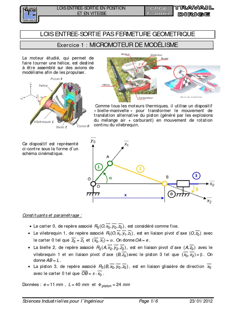 Schéma Plan Du Système Bielle Manivelle Avec Piston Dans L axe TD 16 - Lois Entrée-Sortie en Position Et en Vitesse | PDF | Piston |  Accélération