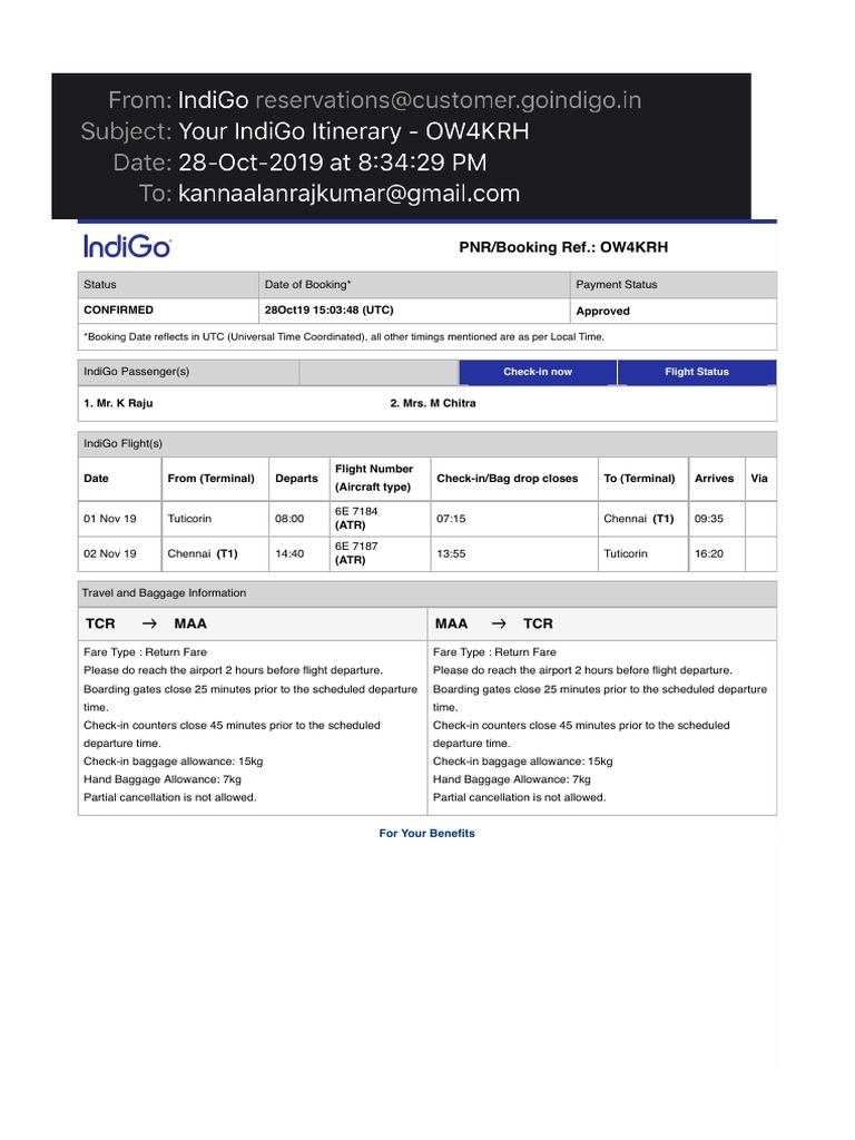 Your IndiGo Itinerary OW4KRH PDF PDF Baggage Aviation