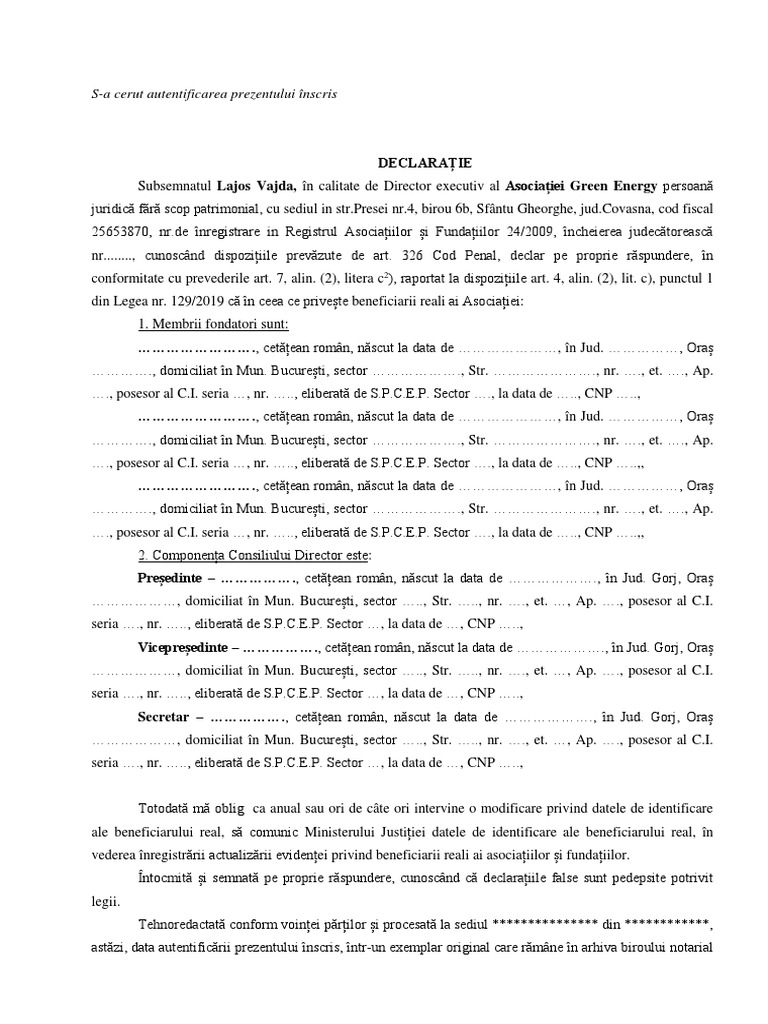 Model Declaratie Beneficiar Real ONG | PDF