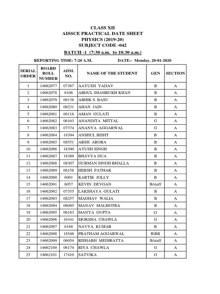 AISSCE Physics Practical Date Sheet | PDF