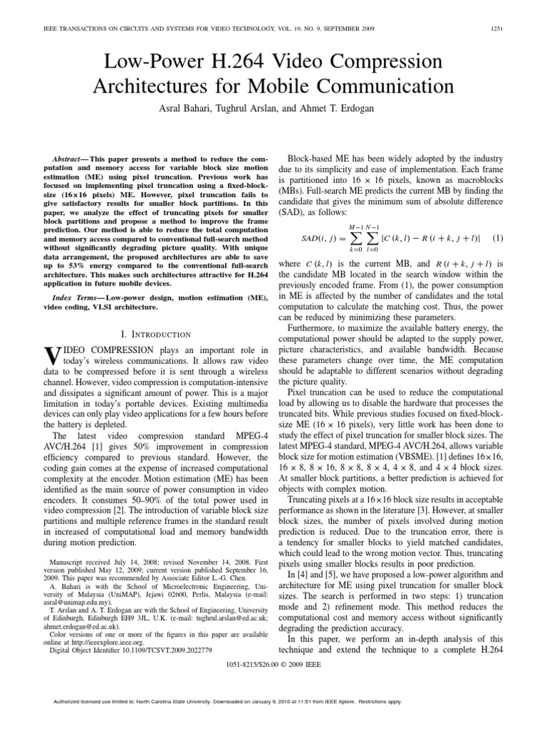 Low-Power H.264 Video Compression Architectures For Mobile ...