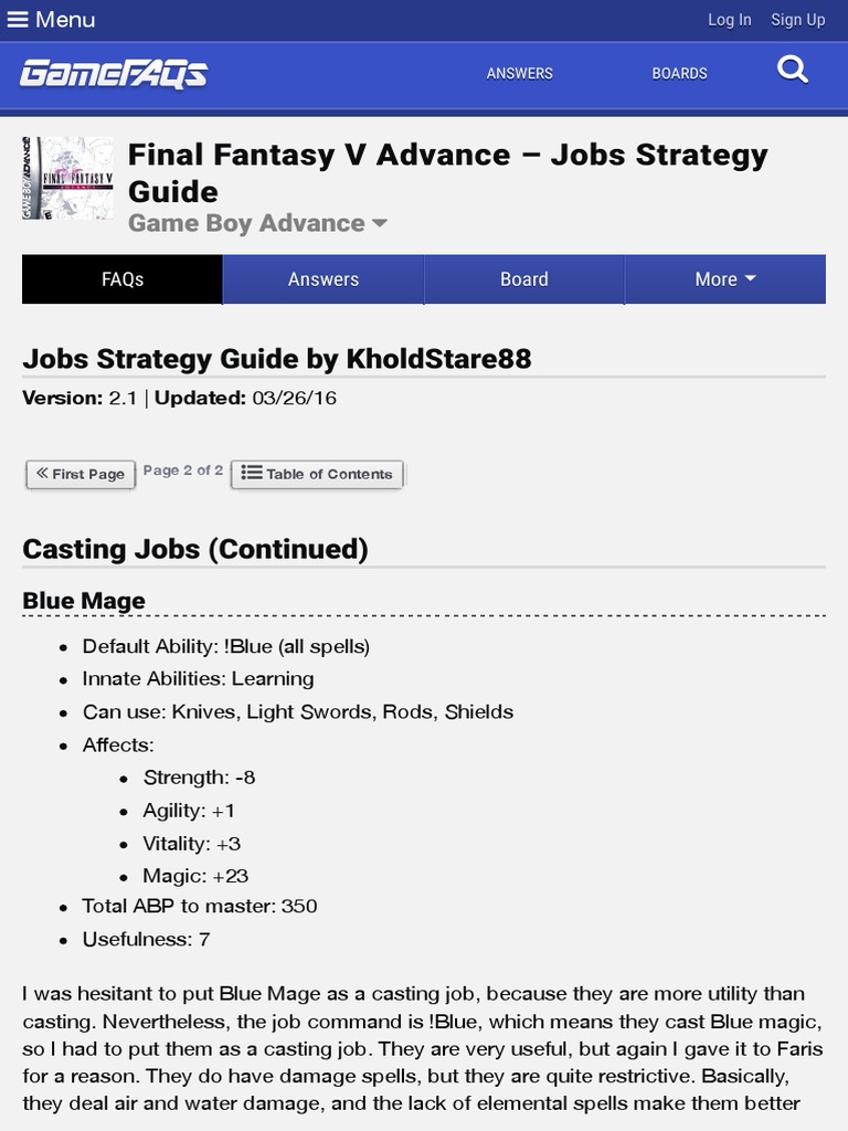 Final Fantasy V Advance Jobs Strategy Guide 2 Leisure