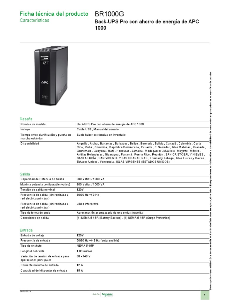 Back-UPS Pro - BR1000G - APC | PDF | USB | Electrónica
