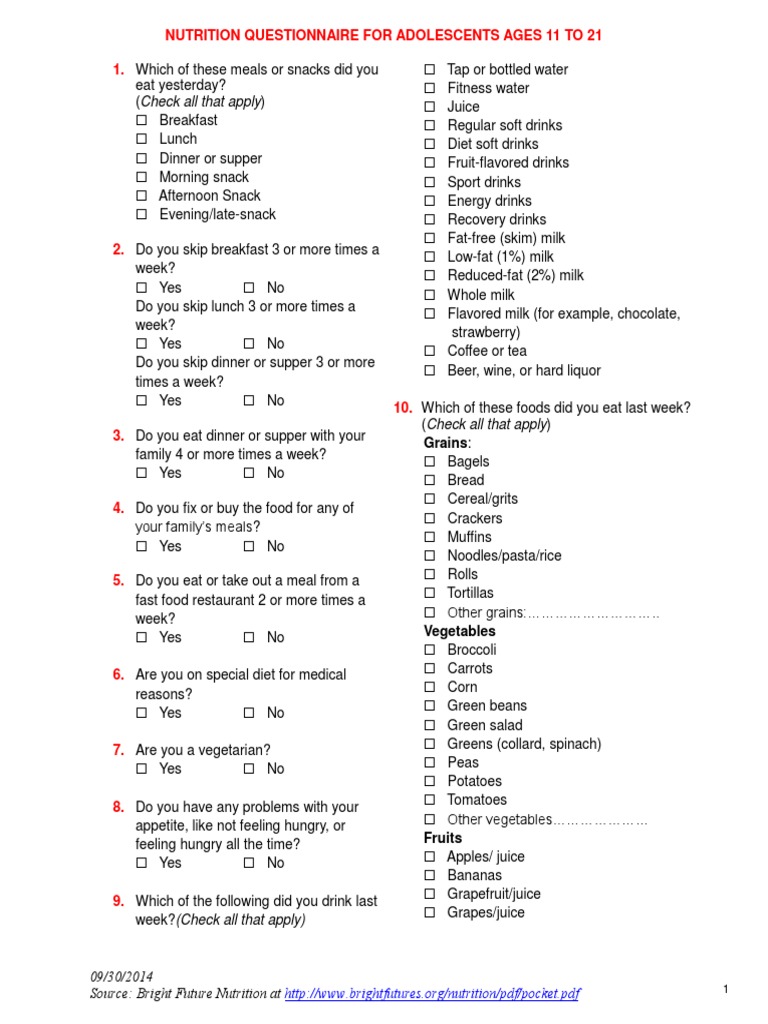 Nutrition Questionnaire For Adolescents Ages 11 To 21 PDF | PDF | Drink |  Meal, image size:768x1024