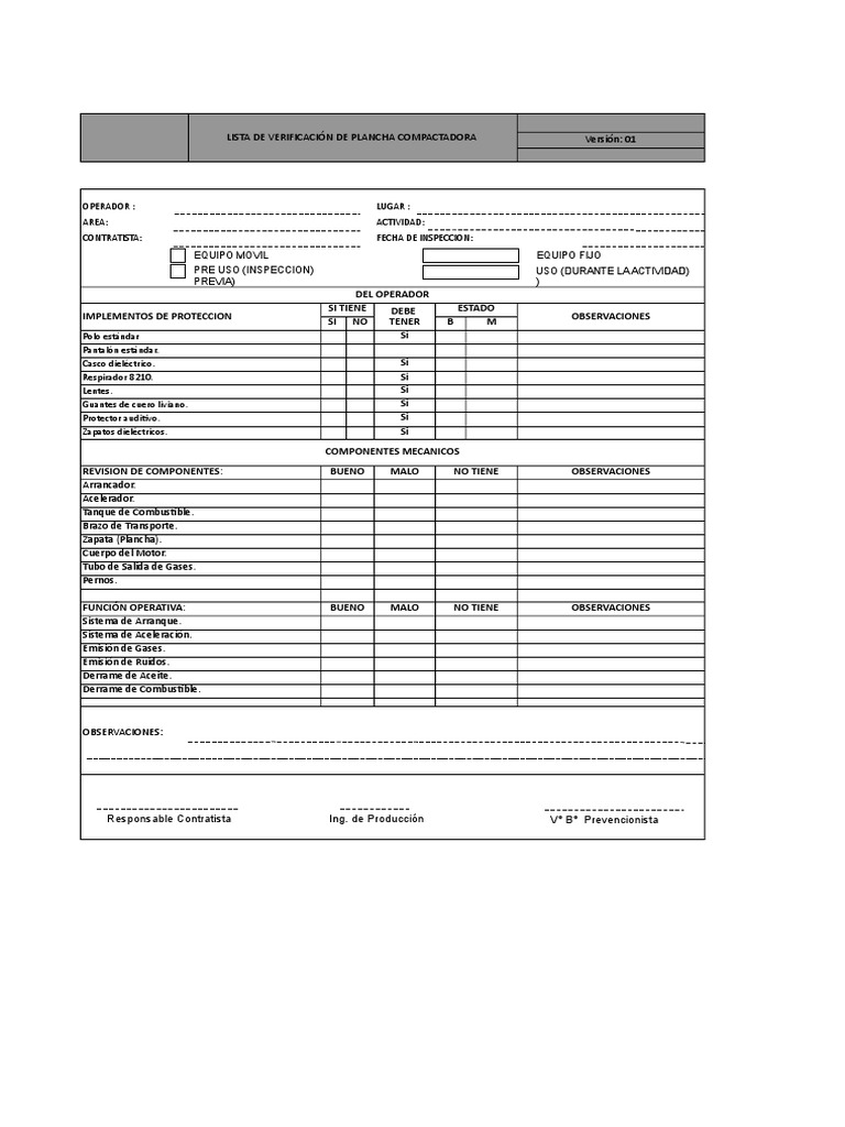 Checklist Plancha Compactadora | PDF