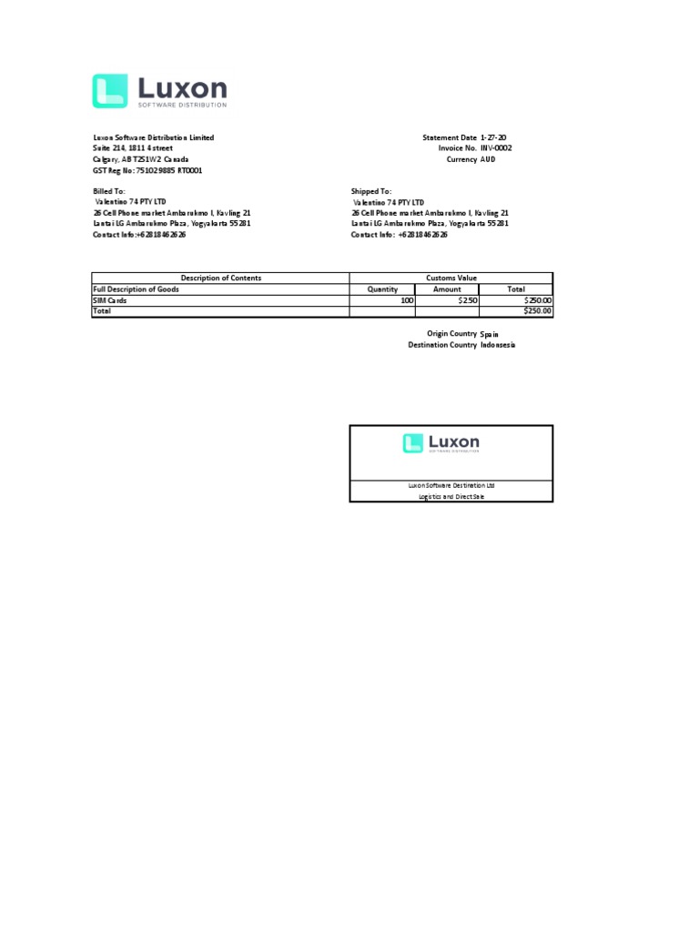 Invoice for Valentino 74 PTY LTD | PDF