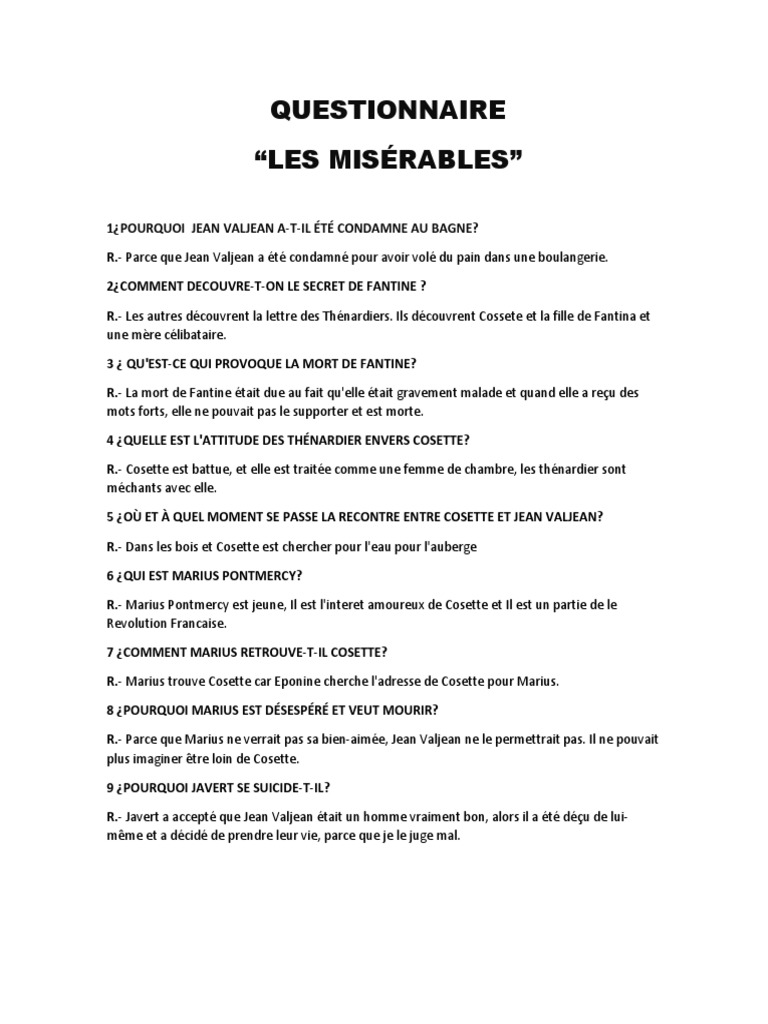 Questionnaire Les Misérables Avec Correction Pdf Les Misérables | PDF