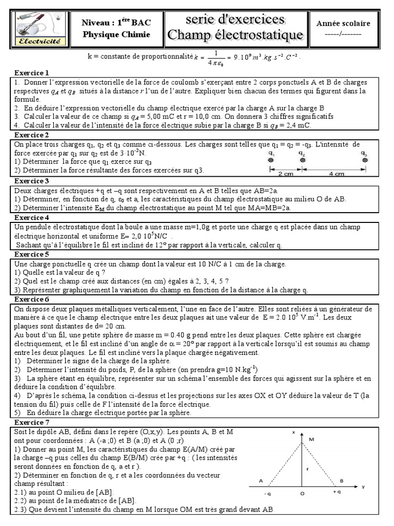 Force Et Champ électrostatique Exercices Corrigés 1ère S Pdf 7 Exercice Champ Élecrostatique 1 PDF | PDF | Charge électrique | Champ  électrique