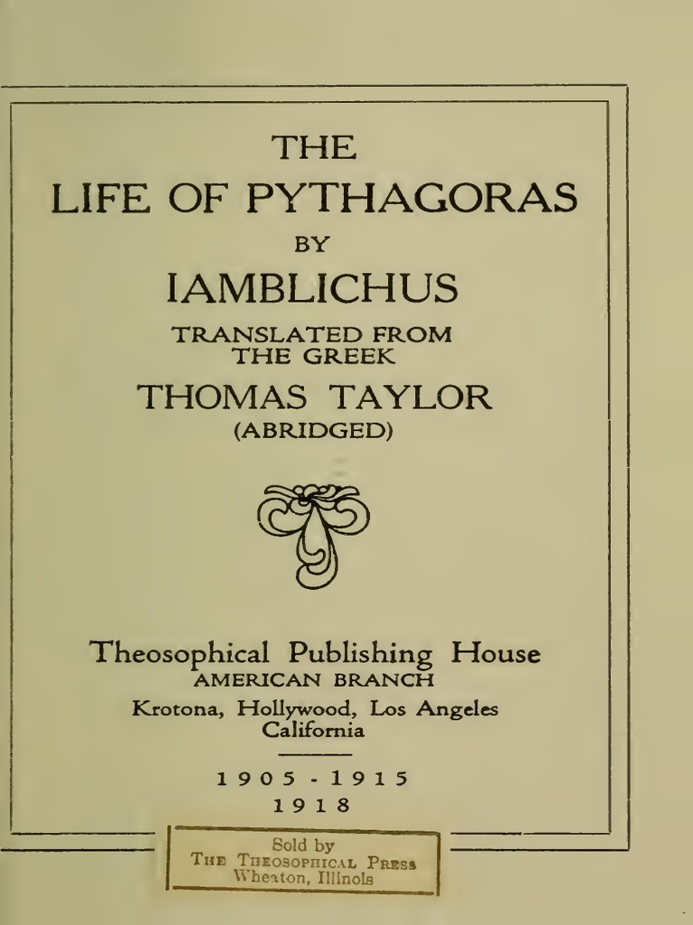 T Taylor The Life Of Pythagoras By Iamblichus Abridged Theosophical