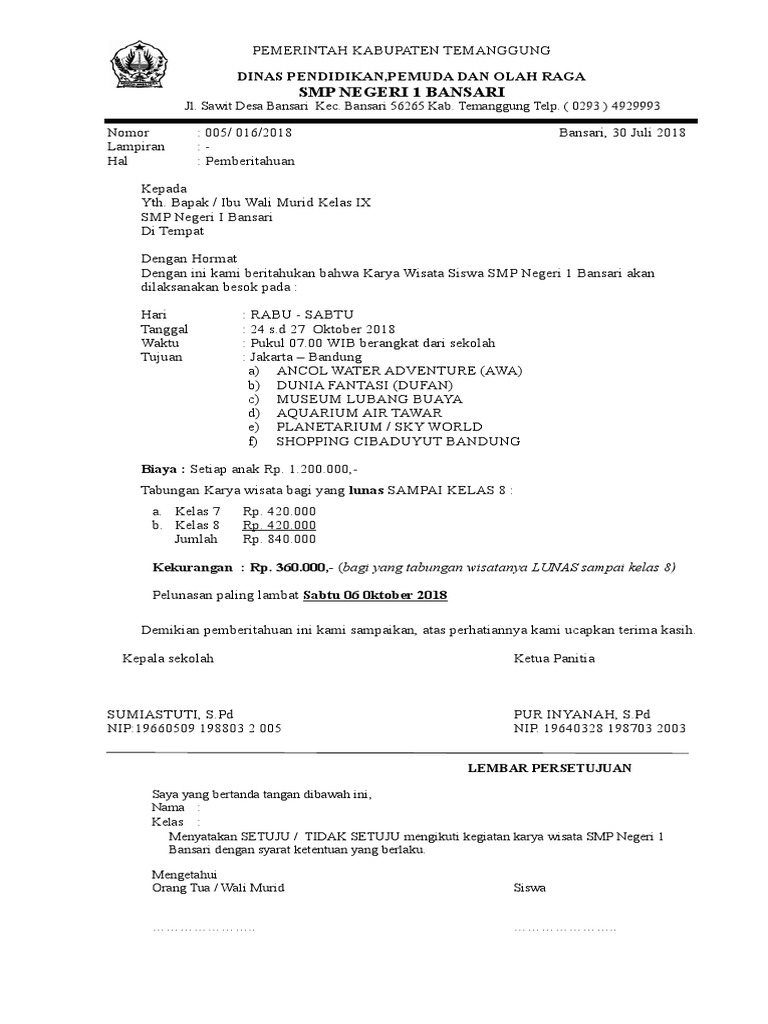 Surat Pemberitahuan Karya Wisata | PDF