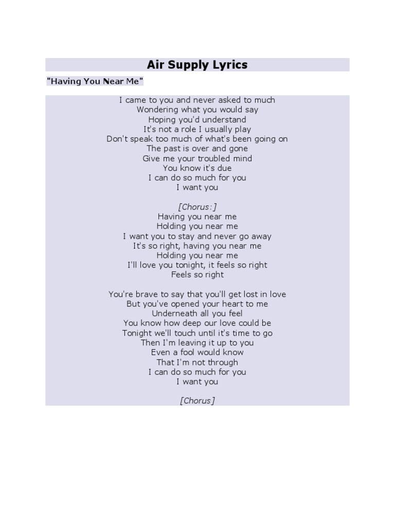 Air Supply Lyrics PDF