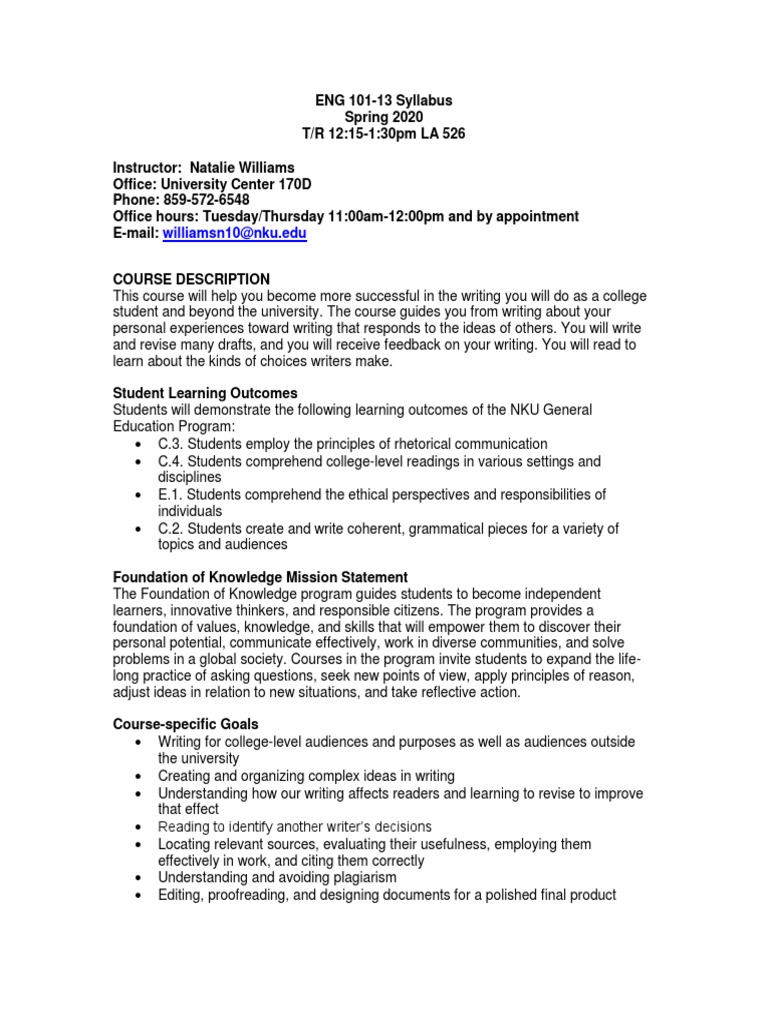 ENG 101 Spring 2020 Syllabus | PDF | Academic Dishonesty | Course Credit