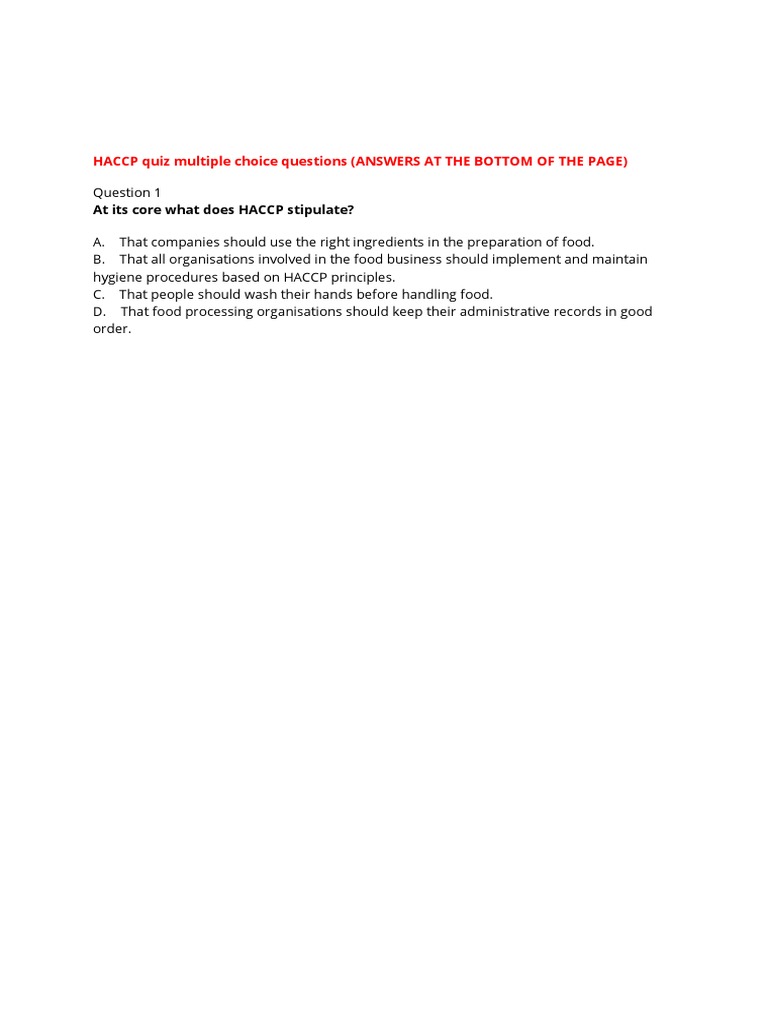 HACCP Multiple Choice Questions PDF