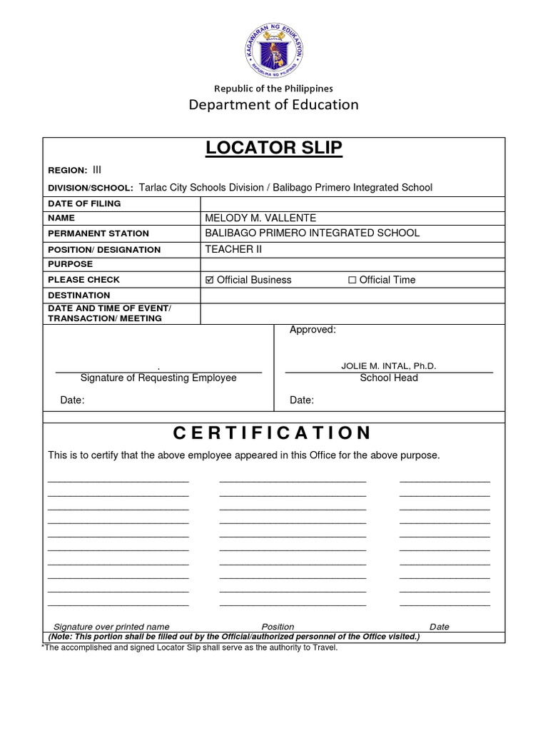 DEPED LOCATORSLIP Sample PDF Government Business