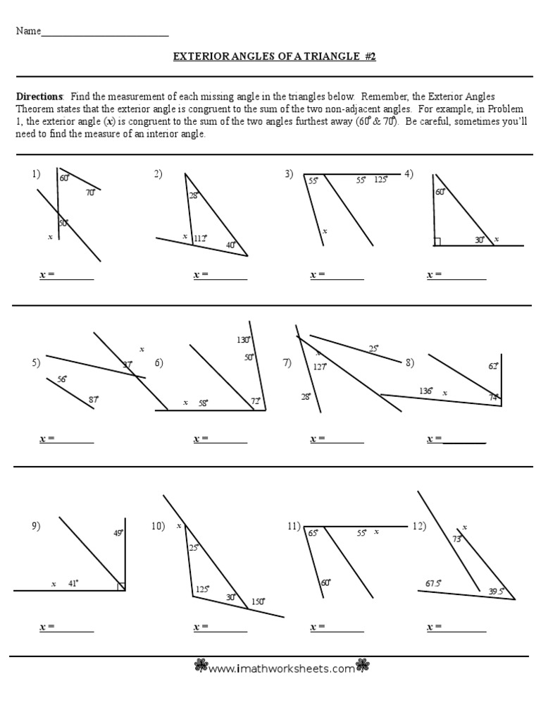 Exterior Angles of a Triangle Worksheet | PDF | Summation | Angle
