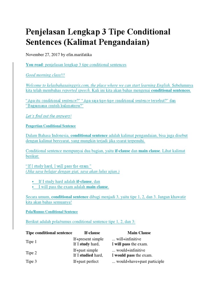 Penjelasan Lengkap Tiga Tipe Kalimat Pengandaian (Conditional Sentences ...