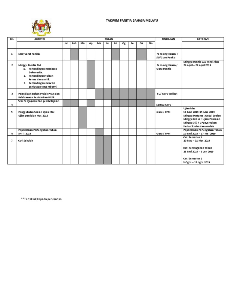 Tapak Takwim Panitia Bahasa Melayu | PDF