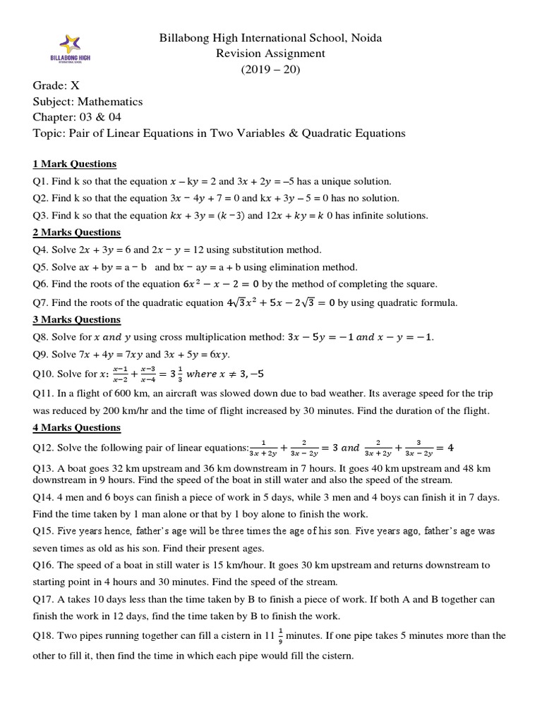 Revision Assignment CH 03 and 04 | PDF | Quadratic Equation | Equations