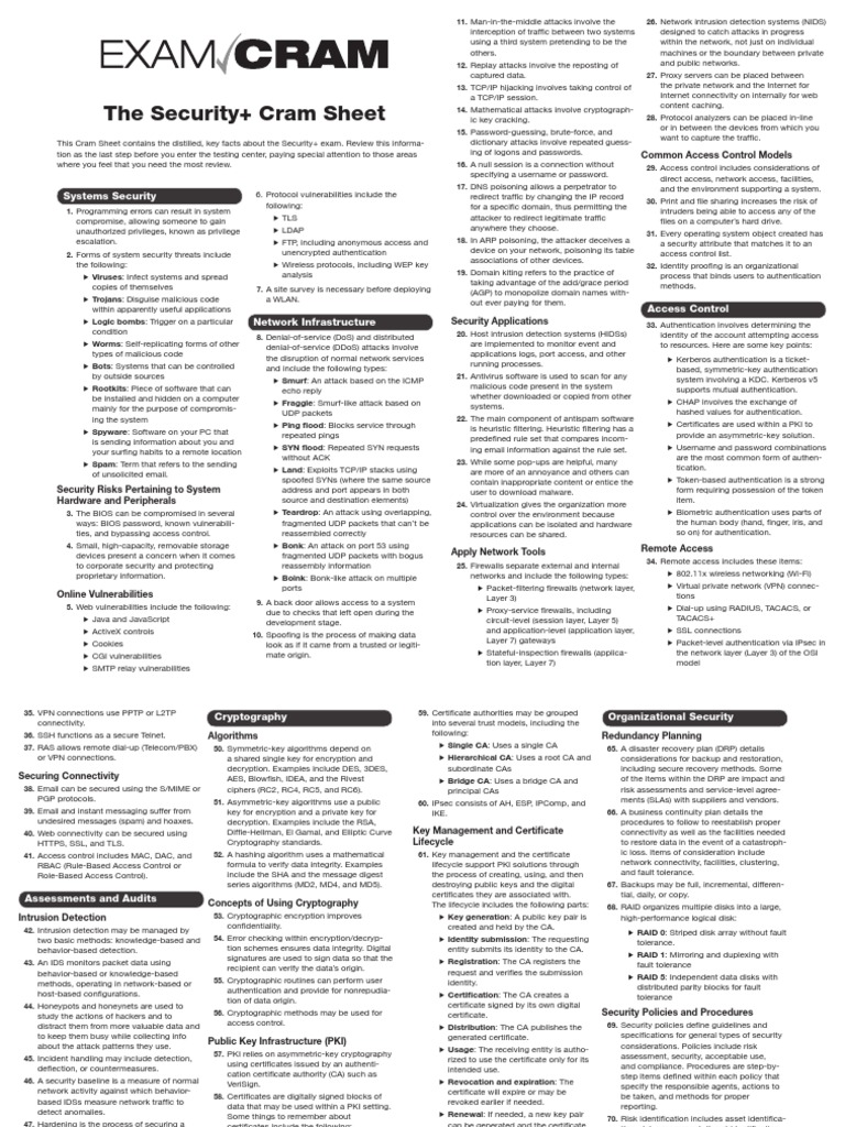 Security+ Cram Sheet Denial Of Service Attack Public Key Cryptography