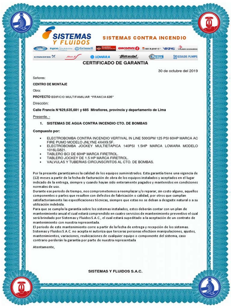 Carta de Garantia - Bomba Contra Incendio | PDF
