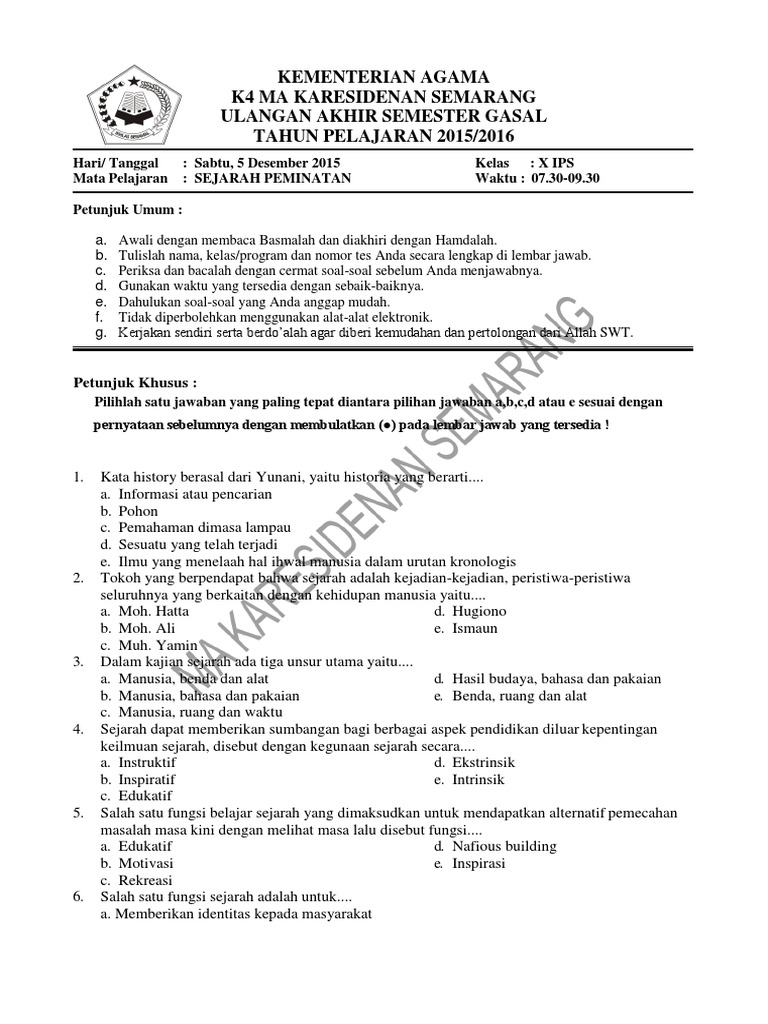 Soal Sejarah Peminatan Kelas X Iis