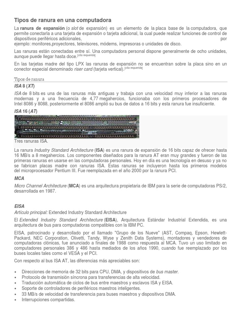 Tipos de ranuras de expansión en PC | PDF | Controlador de interfaz de ...
