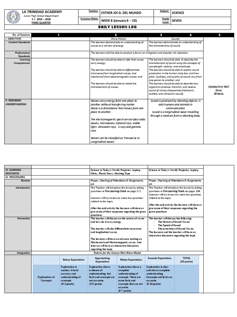 Science 7 Sample DLL | PDF | Waves | Sound