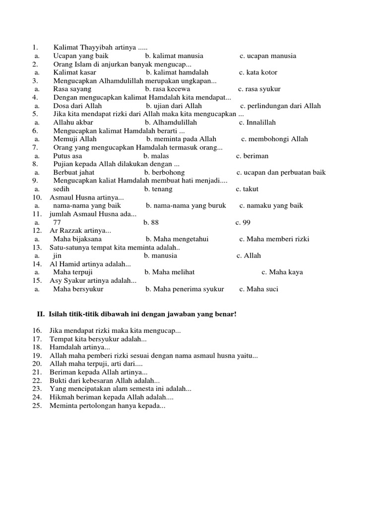 50 Soal PAS Akidah Akhlak Kelas 2 SD Semester 1 2025 + Kunci Jawaban