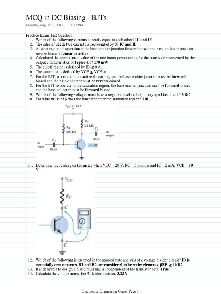 MCQ in DC Biasing BJTs PDF Bipolar Junction Transistor