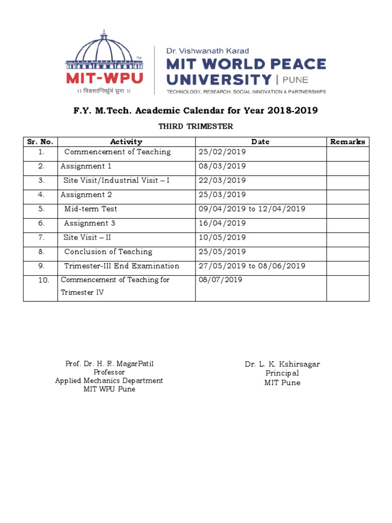 M.Tech Academic Calendar Trimester III PDF