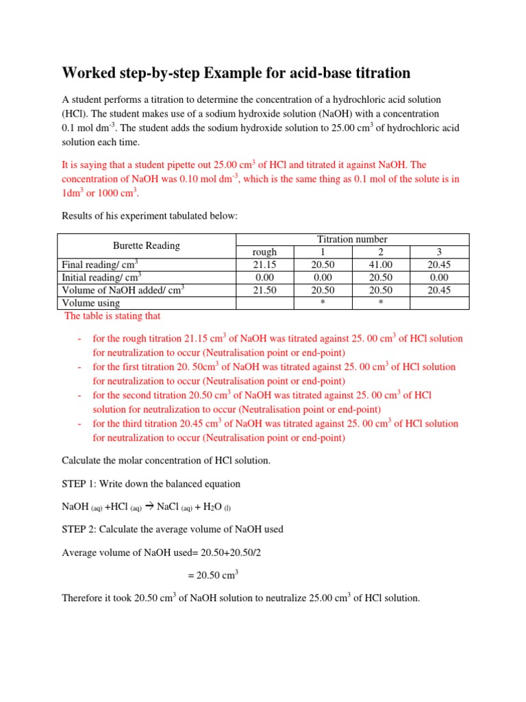 Molar Concentration StepByStep Working Out Using Titration Results PDF Mole (Unit) Titration