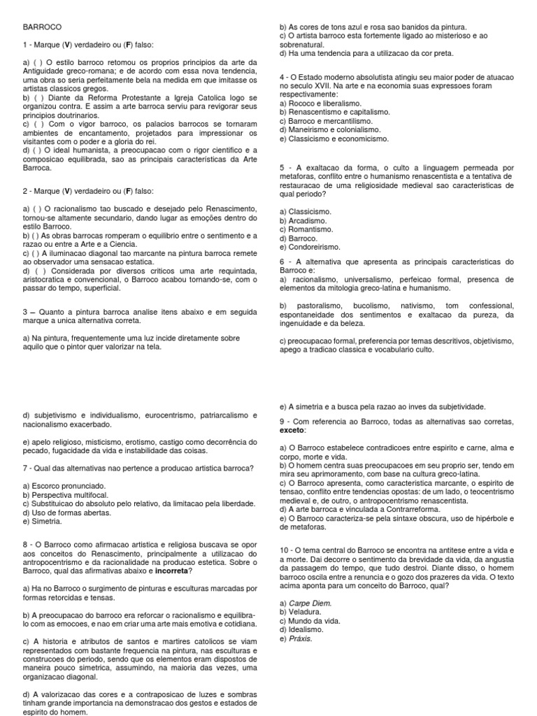 Exercícios - Barroco | PDF | Barroco | Renascimento