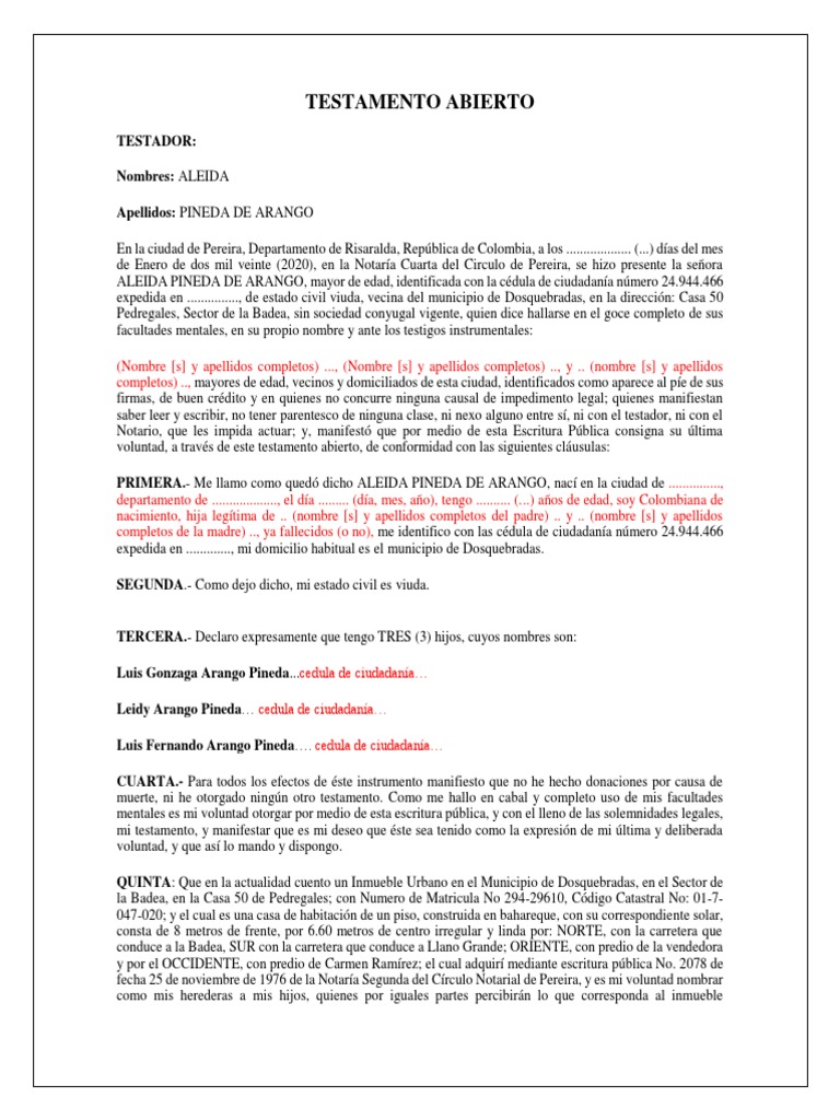 Modelo de Testamento Colombia PDF Voluntad y testamento Justicia