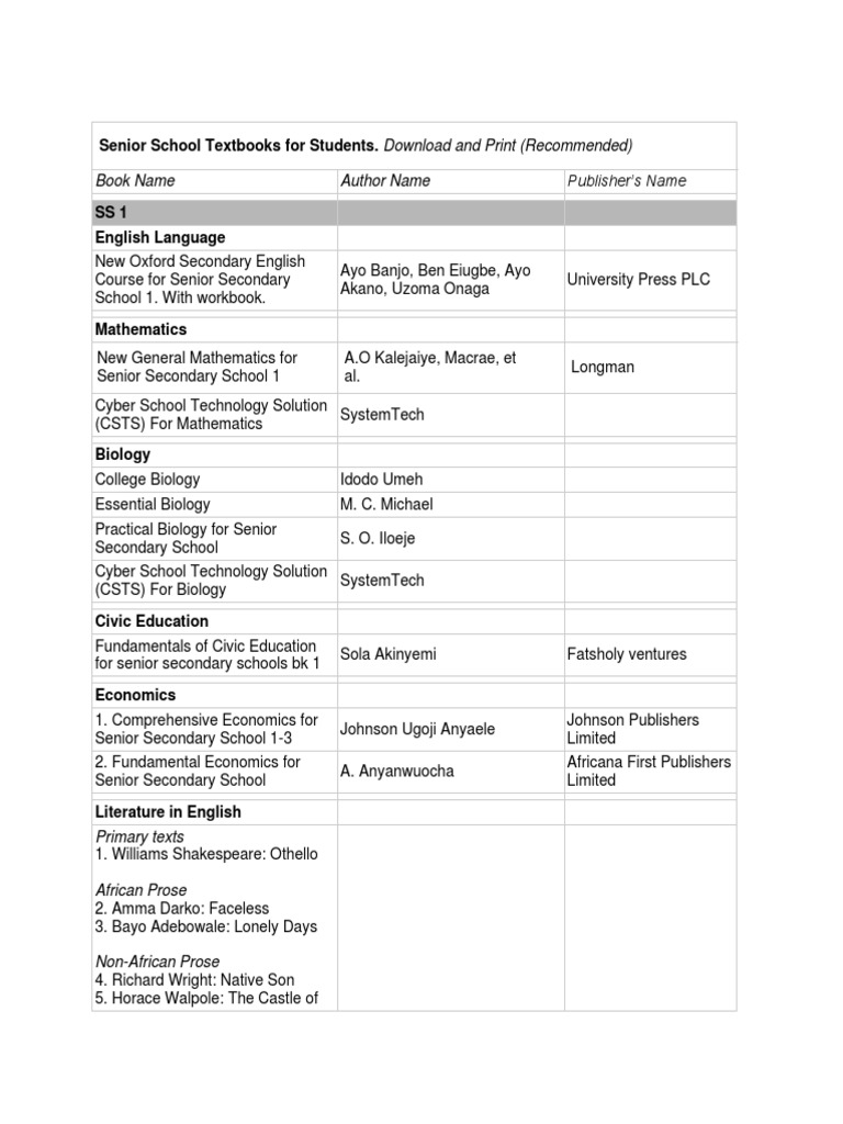 Senior Secondary School Textbooks List | PDF | Language Arts ...